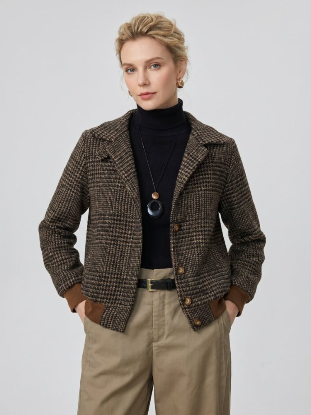 Women’s Vintage Plaid Button Jacket Chic Long Sleeve Casual Office Coat - Picture 8 of 10